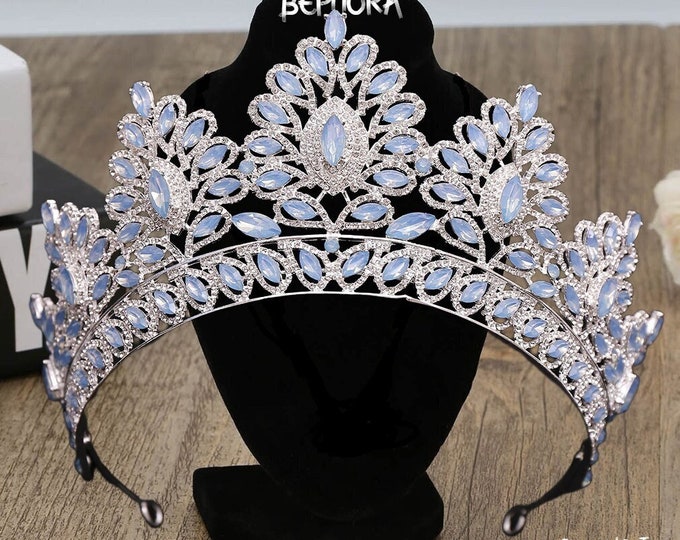 Diadem Wedding Blue Light Green Royal Jewelry Set, Pageant Crown Necklace Earrings, Gorgeous Quinceanera Tiara Sweet 16, Bridal Accessories