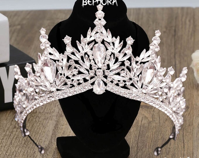 Diadem Wedding Silver Green Jewelry Set, Pageant Crown Necklace Earrings Set, Gorgeous Quinceanera Tiara Sweet 16 Dress, Bridal Accessories