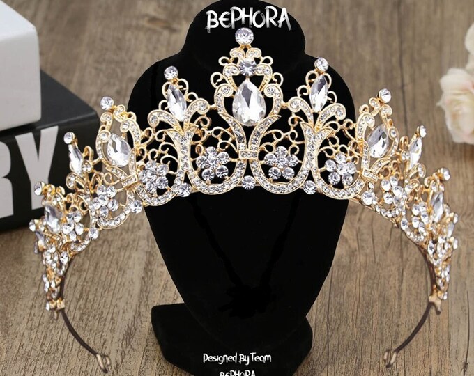 Gold Rhinestone Crown Tiara, Bridal Tiara, Prom Tiara, Quinceanera Tiara, Birthday Tiara, Wedding Crown, Princess Tiara, Quinceanera Tiara