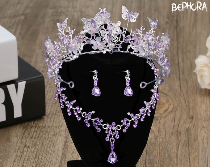 Purple Baroque Crystal Bridal Tiara - Quinceanera Crown, Lavender Gold Tiara, Necklace and Earrings Wedding Headpiece Crown, Prom Jewelry