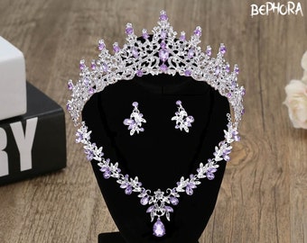 Lila kristallbrudtiara-set: Barock quinceanera-krona, halsband, örhängen