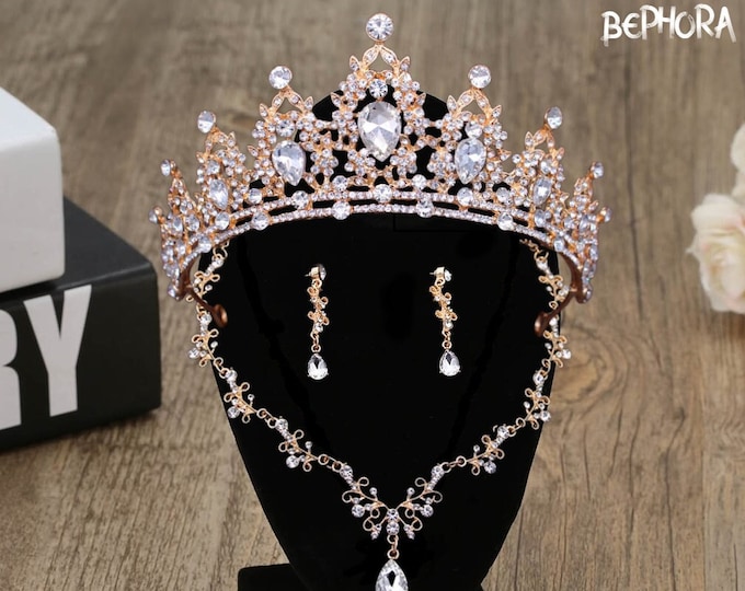 Luxurious Gold Bridal Crown & Jewelry Set - Gold Baroque Elegance, Quinceanera, Wedding Crown, Prom Queen Jewelry, Ideal Bridal Shower Gift
