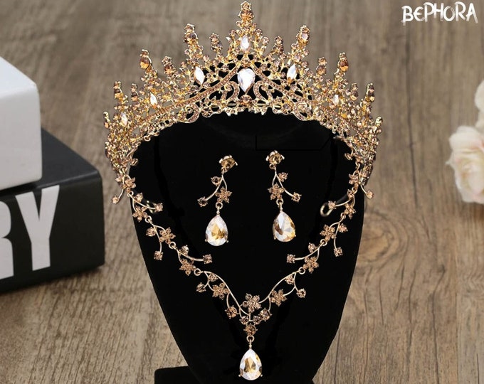 Champagne Baroque Crystal Bridal Tiara - Quinceanera Crown, Lavender Gold Tiara, Necklace and Earrings Wedding Headpiece Crown, Prom Jewelry