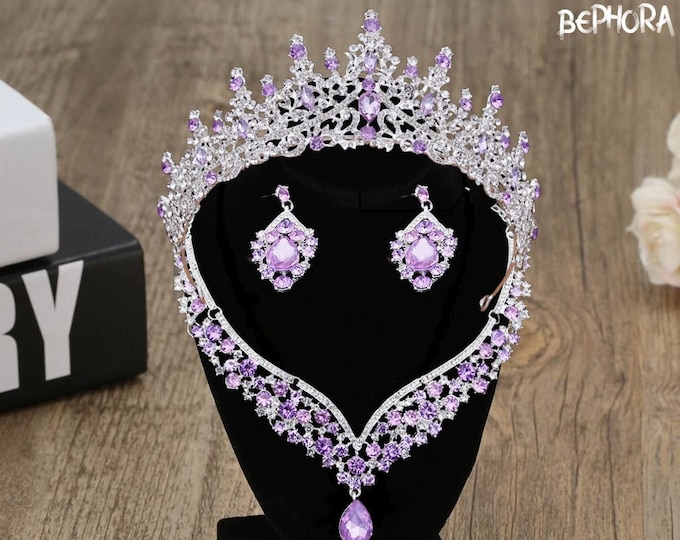 Purple Tiara Set Silver Crown Wedding Bridal Shower Crown Earring Necklace, Rhinestone Bridal Tiara, Bridal Crown Tiara, Wedding Tiara, Prom