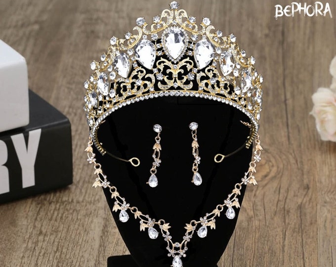 NEW Gold Bridal Crown Set - Baroque Style Elegance, Quinceanera & Wedding Tiara with Jewelry, Perfect Bridal Shower Gift, Ideal Bridal Gift
