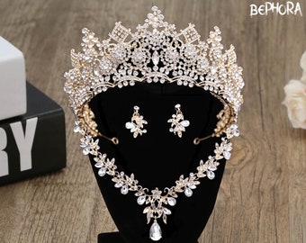Gold Baroque Crystal Bridal Crown & Earring Set