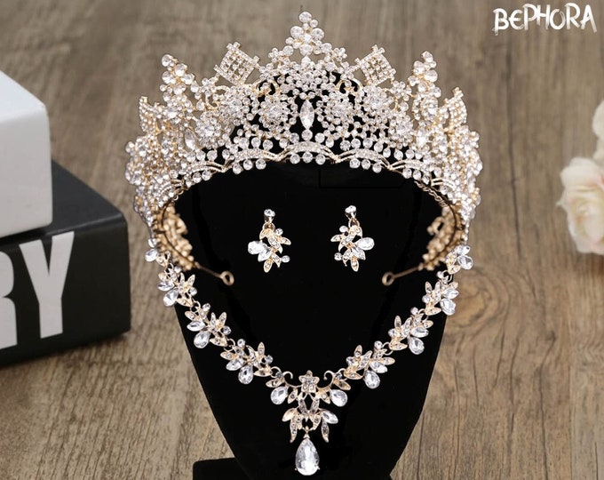 Elegant Gold Baroque Bridal Crown & Earring Combo - Statement Wedding Accessory, Quintessential for Quinceaneras, Unique Prom or Bridal Gift
