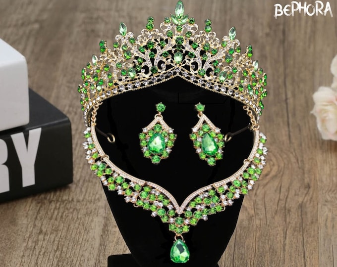 NEW Quinceanera Crown, Bridal Jewelry Set, Prom, Wedding Earrings, V Shape Necklace, Green Light Lime, Green Earrings, Green Light Necklace