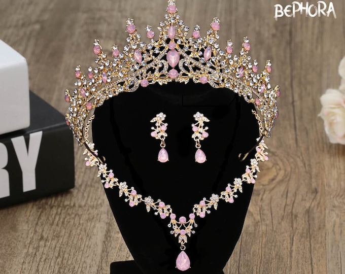 Light Pink Opal Bridal Tiara - Quinceanera Crown, Sweet 15 Crown, Baby Pink Quince Crown, Opal Jewelry Set Necklace Earrings, Wedding Set