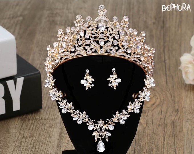 Opulent NEW Gold Baroque Crown, Earrings, Quintessential Bridal Accessory for Weddings, Quinceaneras, Ultimate Prom Gift, Bridal Shower Gift