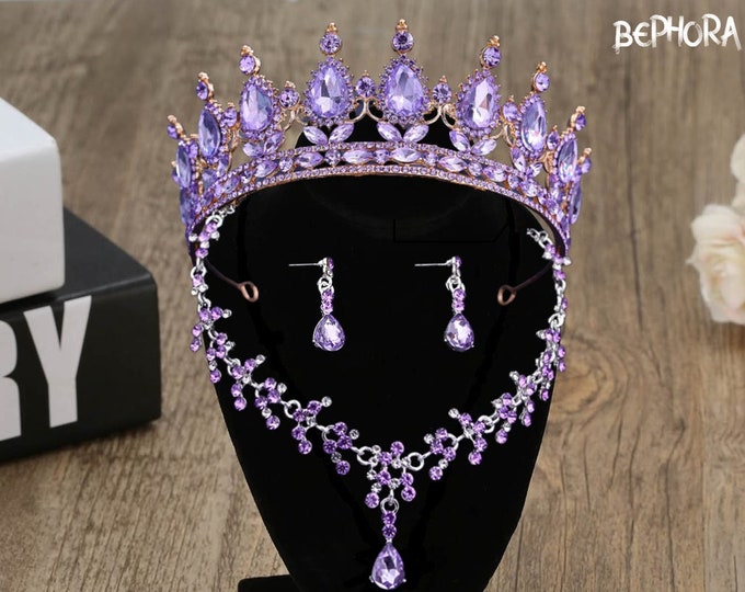 Purple Baroque Crystal Bridal Tiara - Quinceanera Crown, Lavender Tiara, Necklace, Earrings Wedding Headpiece, Purple Crown, Prom Jewelry