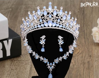 Hellblaue Opal-Brauttiara – Quinceanera-Krone, süße 15-Krone, babyblaue Quittenkrone, Opal-Schmuckset, Halskette, Ohrringe, Hochzeitsset