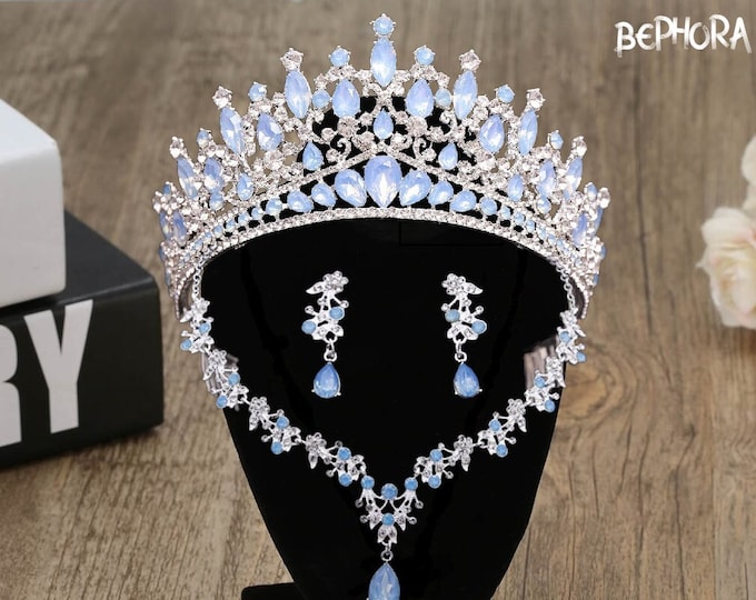 Light Blue Opal Bridal Tiara - Quinceanera Crown, Sweet 15 Crown, Baby Blue Quince Crown, Opal Jewelry Set Necklace Earrings, Wedding Set