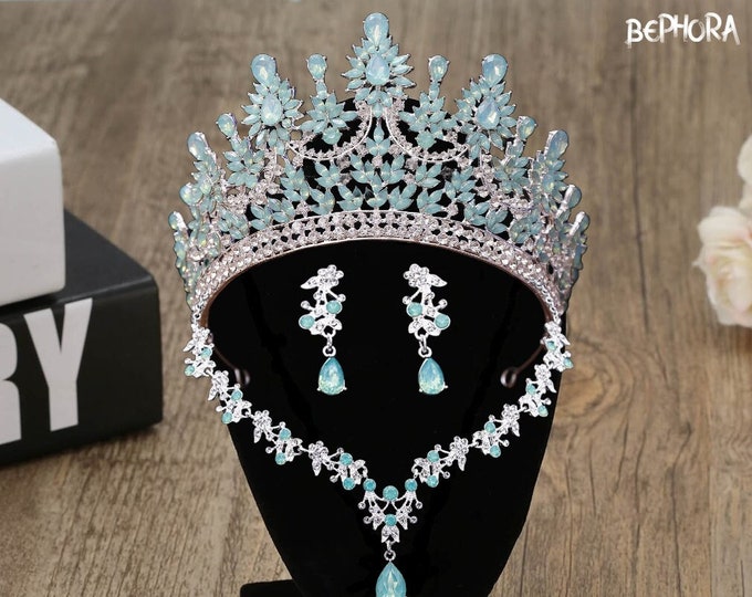 Silver Opal Green Baroque Crystal Quinceanera Crown, Gold AB Tiara, Necklace and Earrings,Bridal Jewelry Set,Wedding Headpiece, Prom Jewelry
