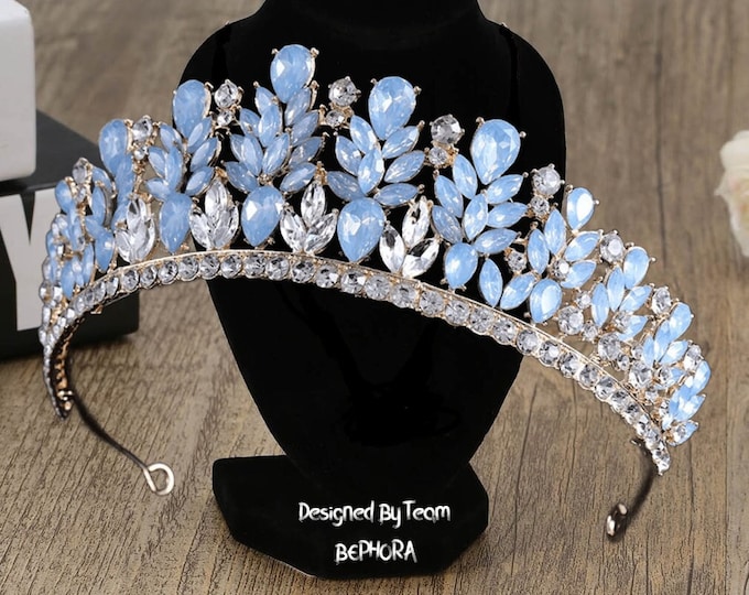 Silver Blue Opal Bridal Tiara - Blue Opal Quinceanera Crown, Silver Opal Tiara, Wedding Headpiece Crown, Prom Jewelry, Silver Crystal Crown