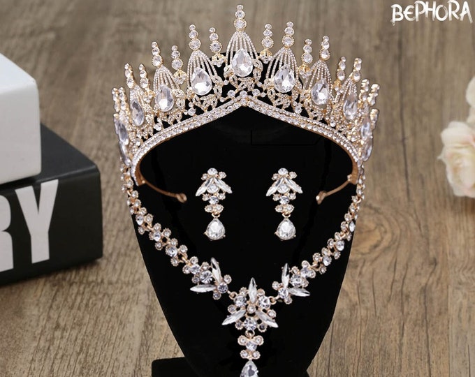Opulent Gold Baroque Crown & Earrings - Quintessential Bridal Accessory for Weddings, Quinceaneras, Ultimate Prom Gift, Bridal Shower Gift