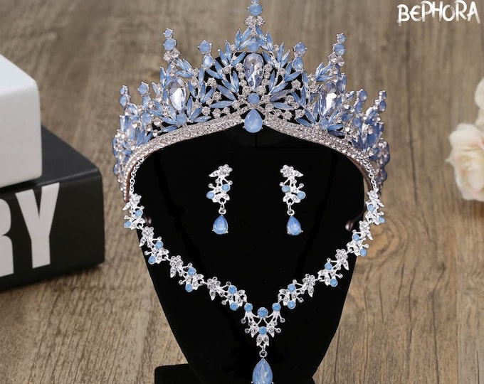 BEPHORA Opal NEW Tiara and Jewelry Set for Brides - Light Blue Quinceanera Crown, Sweet 15 Opal Necklace Earrings, Unique Bridal Shower Gift