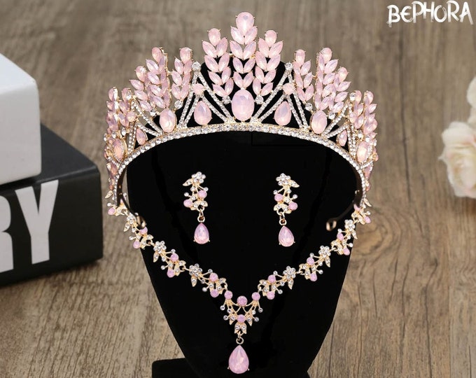 Elegant Pink Opal Bridal Tiara Set - Light Green Quince Crown with Jewelry, Perfect for Weddings and Quinceaneras, Ideal Sweet 15 or Wedding
