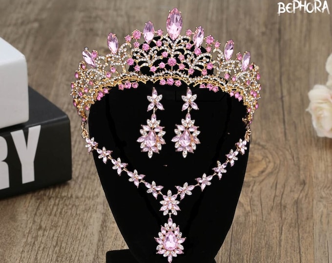 NEW Pink Opal Bridal Tiara - Quinceanera Crown, Sweet 15 Crown, Baby Pink Quince Crown, Opal Jewelry Set Necklace Earrings, Wedding Set