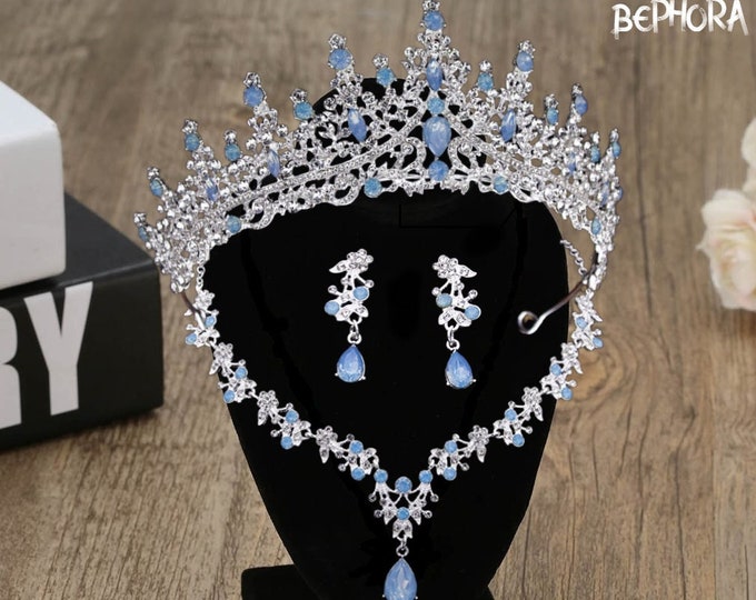NEW Periwinkle Blue Opal Bridal Tiara - Light Blue Opal Jewelry Set for the Bride, Necklace Earrings, Light Blue Wedding Quinceanera gifts