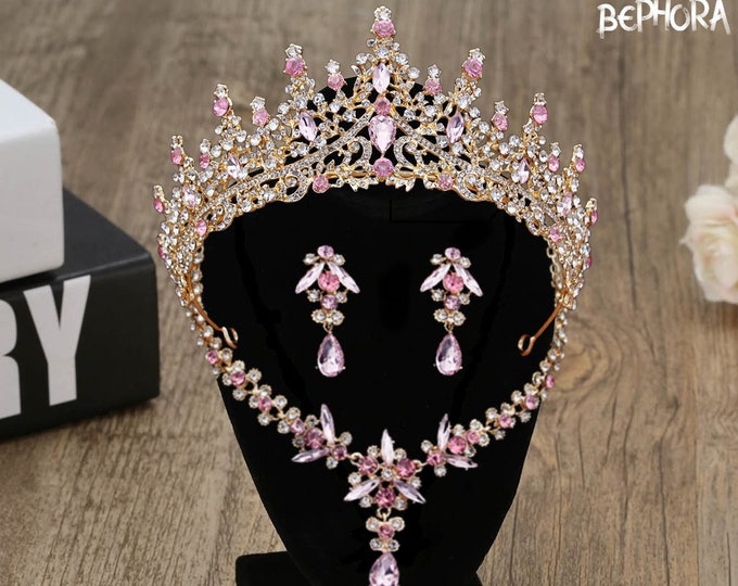 Pink Baroque Crystal Quinceanera Crown - Pink Gold Tiara, Necklace and Earrings, Bridal Jewelry Set, Wedding Headpiece Crown, Prom Jewelry