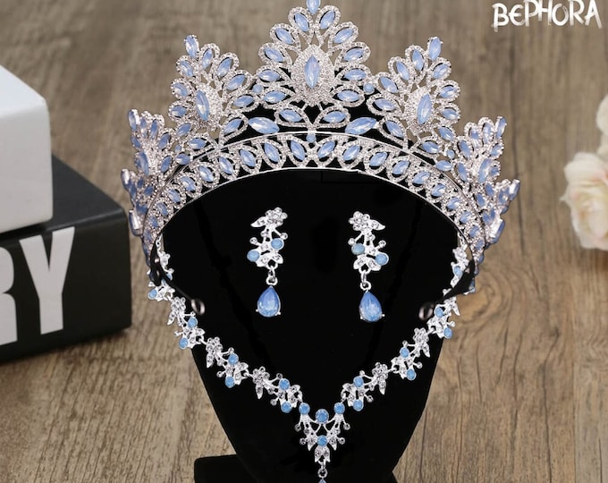 Diadem Wedding Blue Silver Gold Royal Jewelry Set Pageant Crown Necklace Earrings Set Gorgeous Quinceanera Tiara Sweet 16 Bridal Accessories