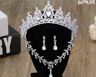 Crystal Wedding Jewelry Set: Silver Tiara Crown, Necklace & Earrings