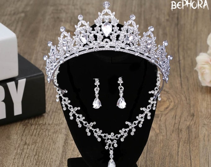 Diadem Wedding Crystal Silver Purple Jewelry Set, Pageant Crown Necklace Earrings, Gorgeous Quinceanera Tiara Sweet 16, Bridal Accessories