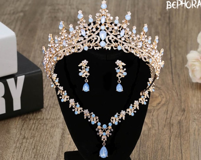 Light Blue Opal Gold Bridal Tiara Set - Elegant Quinceanera Crown with Necklace and Earrings - Perfect Sweet 15 or Wedding Accessory Gift