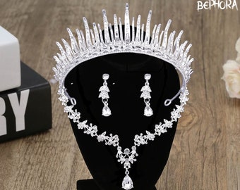 Crystal Wedding Jewelry Set: Silver Tiara, Necklace & Earrings
