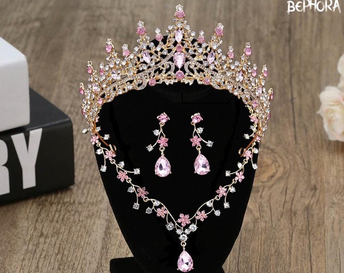 NEW Light Pink Opal Bridal Tiara, Quinceanera Crown, Sweet 15 Crown, Baby Pink Quince Crown, Opal Jewelry Set Necklace Earrings, Wedding Set