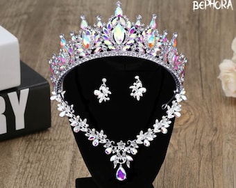 BePhora Iridescent AB Crystal Quinceanera Crown - Gold AB Crystal, Silver Quince Crown, Necklace, Earrings Wedding Headpiece Tiara Sweet 16