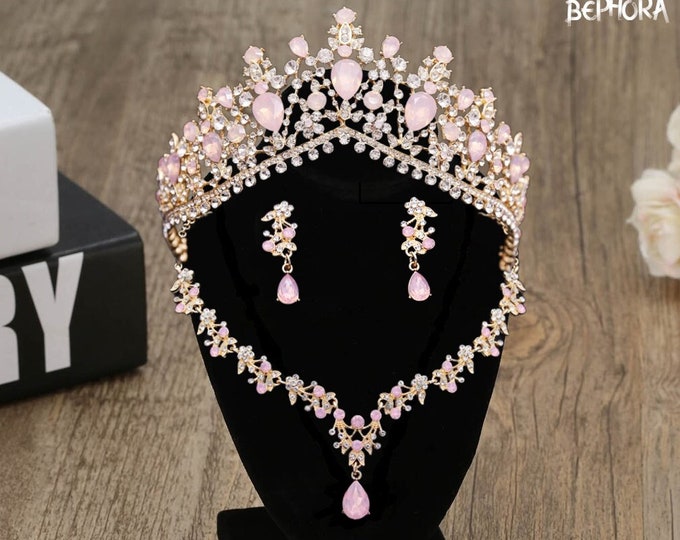 Light Pink Opal Bridal Tiara - NEW Quinceanera Crown, Sweet 15 Crown, Baby Pink Quince Crown,Opal Jewelry Set Necklace Earrings, Wedding Set