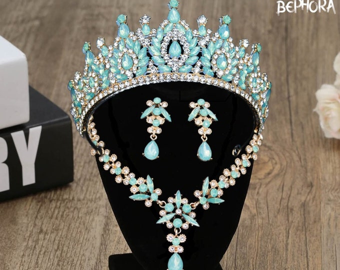 Light Blue Opal Bridal Tiara - Quinceanera Crown, Opal Green Jewelry Necklace Earrings, Baby Blue Quince Crown, Sweet 16 Crown, Wedding Set