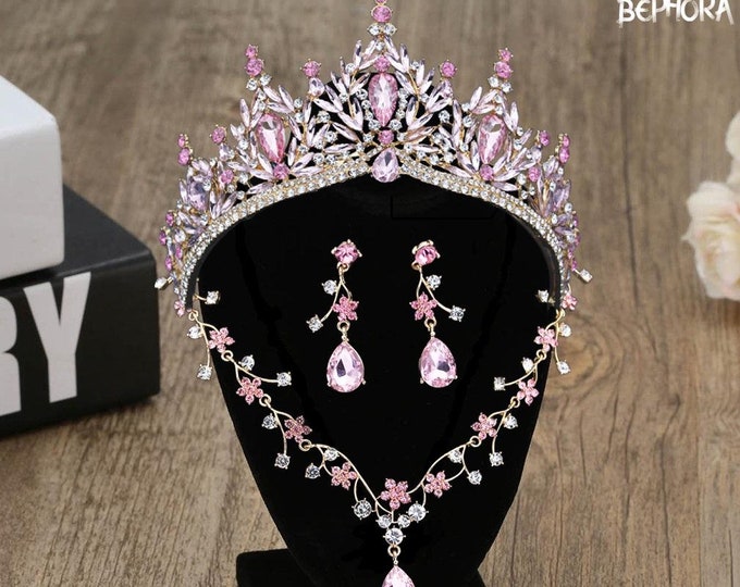 NEW Pink Baroque Crystal Quinceanera Crown - Pink Gold Tiara, Necklace Earrings, Bridal Jewelry Set, Wedding Headpiece Crown, Prom Jewelry