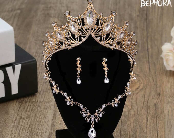 Gold Baroque Crystal Bridal Tiara - Gold Quinceanera Crown, Gold Bridal Tiara, Wedding Headpiece Crown, Prom Jewelry, Floral Crystal Crown