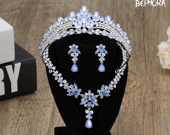 Enchanting BLUE Opal Bridal Tiara & Jewelry Set, Handcrafted Light Green Crown with Necklace Earrings, Perfect for Quinceanera, Wedding Gift