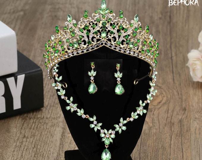 Quinceanera Crown, Bridal Jewelry Set, Prom, Wedding Earrings, V Shape Necklace+Bracelets, Green Light Jewelry, Green Earrings, Green Light