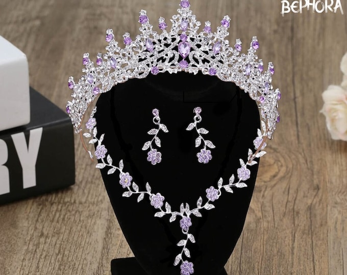 Diadem Wedding Crystal Silver Flower Jewelry Set, Pageant Crown Necklace Earrings, Gorgeous Quinceanera Tiara Sweet 16, Bridal Accessories