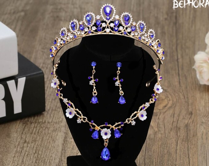Diadem Wedding Silver Gold Royal Jewelry Set Pageant Crown Necklace Earrings Forest Gorgeous Quinceanera Tiara Sweet 16 Bridal Accessories
