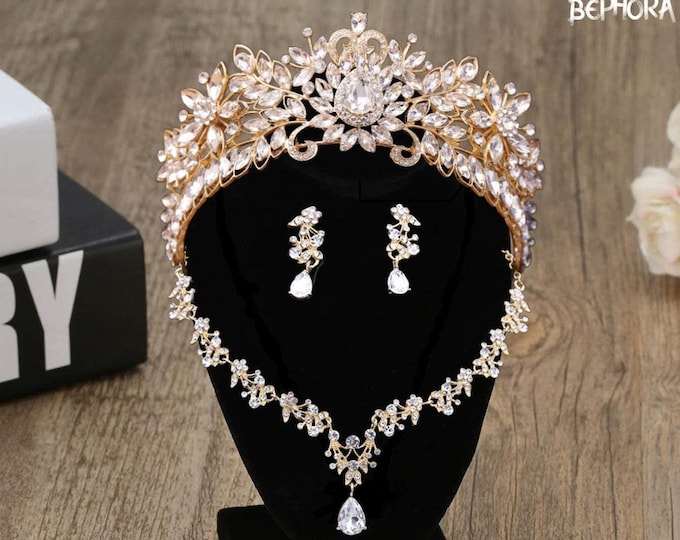 New Regal Gold Baroque Crown Earring Set, Luxurious Bridal Headpiece for Exquisite Weddings, Perfect Quinceanera Accessory, Prom Queen Gift