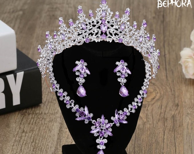 BEPHORA - Stunning NEW Purple and Silver Quinceanera Crown Jewelry Set - Complete with Necklace, Earrings, and Bracelet, Lilac Cosplay Crown