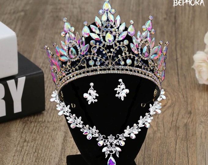 BEPHORA - Stunning AB Purple and Gold Quinceanera Crown Jewelry Set - Complete with Necklace, Earrings, and Bracelet, Lilac Cosplay Crown