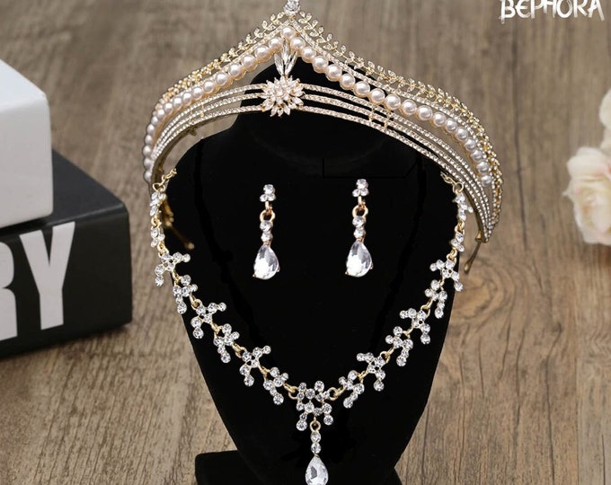 NEW Luxurious Gold Wedding Crown & Jewelry - Regal Baroque Quinceanera Accessories, Prom Queen Bling, Ideal Bridal Gift, Perfect Bridal Gift