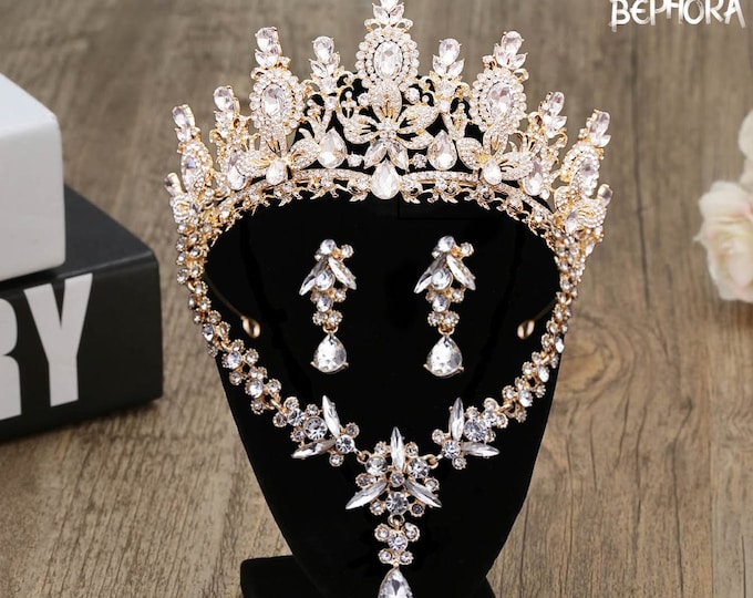 Regal Gold Baroque Crown & Earring Set - Luxurious Bridal Headpiece for Exquisite Weddings, Perfect Quinceanera Accessory, Prom Queen Gift
