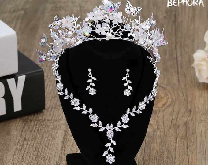 Elegant NEW Crystal Butterfly Wedding Set, Pearl Beaded Floral Choker Necklace & Earrings with Tiara, Bridesmaid Jewelry Gift Ensemble