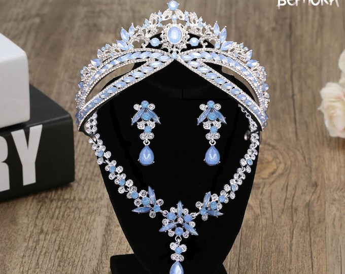 Light NEW Blue Opal Bridal Tiara, Quinceanera Crown, Blue Opal Jewelry Necklace Earrings, Baby Blue Quince Crown Sweet 15 Crown, Wedding Set