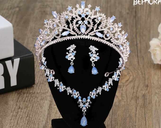Diadem Wedding Green Blue Gold AB Royal Jewelry Set Pageant Crown Necklace Earrings Gorgeous Quinceanera Tiara Sweet 16 Bridal Accessories