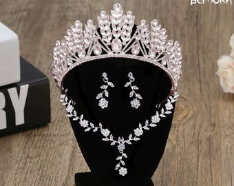 Crystal Wedding Jewelry Set: Silver Tiara Crown, Necklace & Earrings