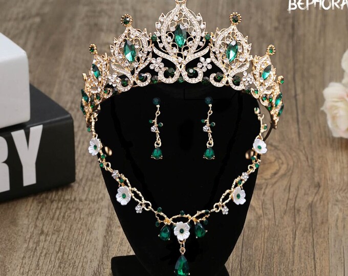 Diadem Wedding Rhinestone Hair Jewelry Set Pageant Crown Necklace Earrings Veil Headpiece Quinceanera Tiara Sweet 16 Bridal Accessories